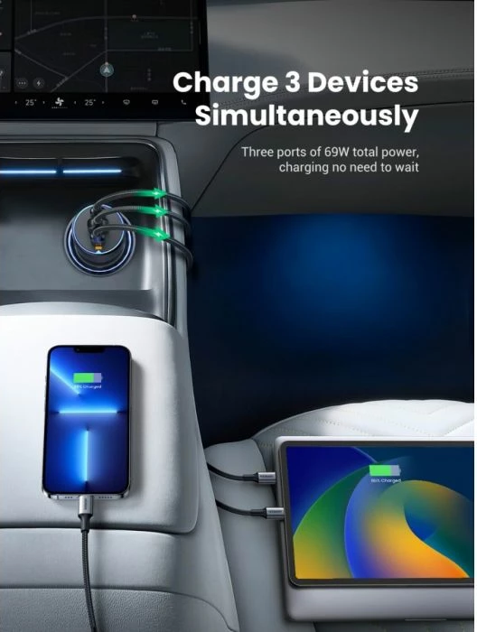 karikues veture UGREEN 35024 75W 3-port (2x USB-C, 1x USB-A) gri e errët