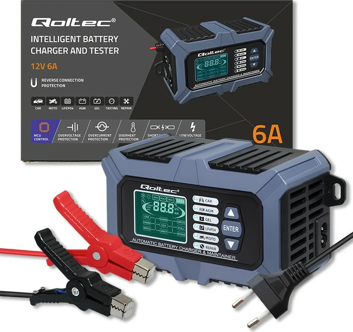 Karikues inteligjent baterie Qoltec 52488, 12V, 6A, me LCD, funksion testimi dhe riparimi, zi/blu