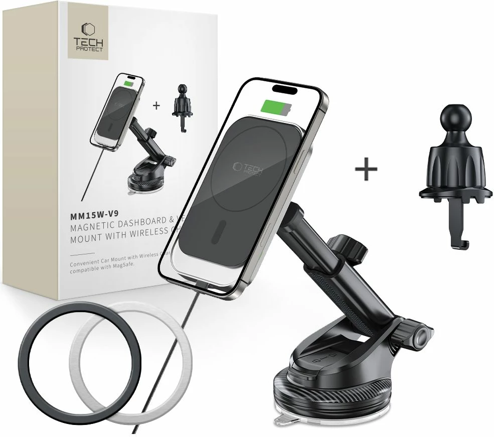 Mbajtëse magnetike për veturë Tech-Protect MM15W-V9 me MagSafe dhe karikim wireless 15W, e zezë