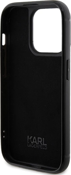 Mbështjellës Karl Lagerfeld Rhinestone Logo Metal Plate për iPhone 15 Pro Max, i zi