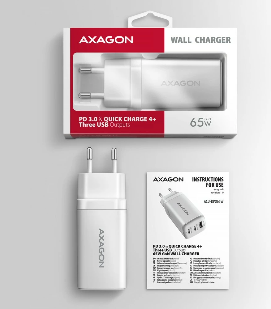 Karikues mural GaN, AXAGON ACU-DPQ65W, 65W, 3 porta (USB-A + 2x USB-C), PD 3.0/QC 4+/PPS, i bardhë