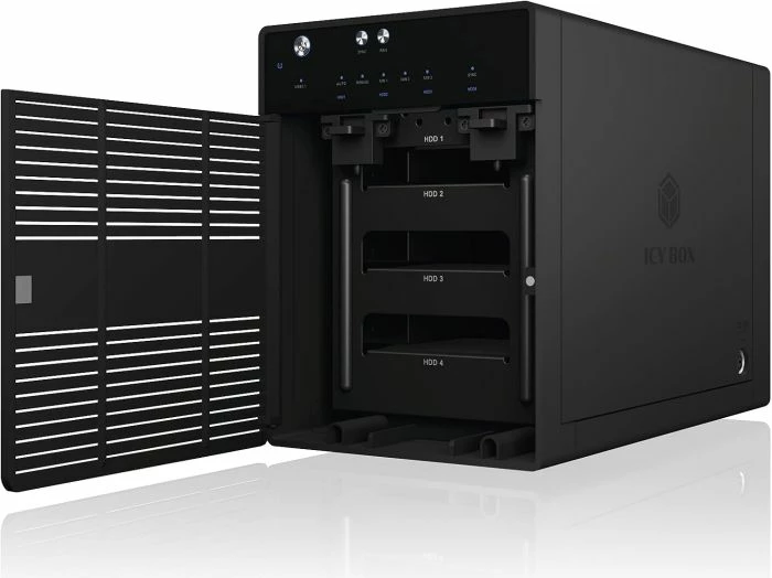 Kasë e jashtme 4-bay për HDD/SSD ICYBOX IB-3740-C31, USB-C USB 3.2 Gen 2 10Gbps, SATA 2.5\u201d/3.5\u201d, SINGLE/JBOD, me ventilator 80mm, e zezë, set