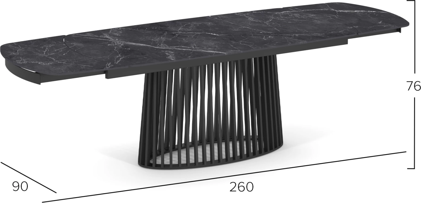 Tavolinë ngrënieje e zgjatshme, sipërfaqe qeramike, metal i zi, 180(40+40)x90x76cm