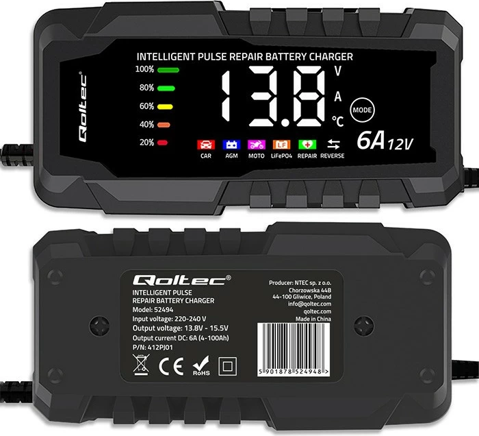 Karikues baterie, Qoltec, 52494, 12V 6A, mikroprocesor me ekran LCD, funksion riparimi, për AGM/GEL/LiFePO4, e zezë
