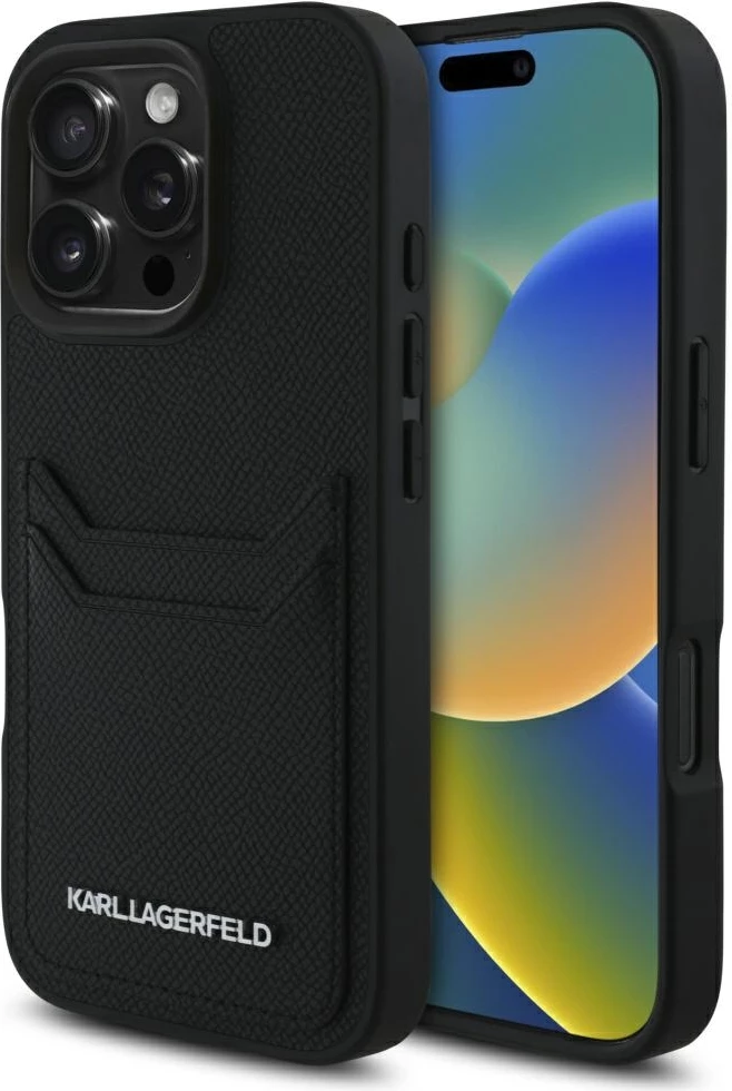 Mbështjellës Karl Lagerfeld HC Grained PU Cardslot Metal Elong për iPhone 16 Pro, i zi