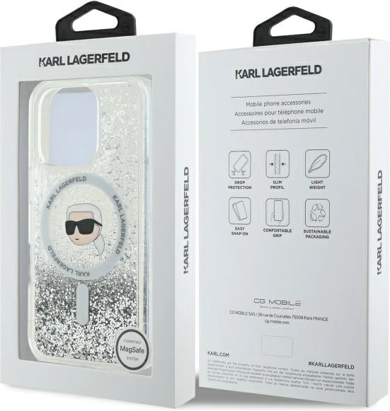 Mbështjellës Karl Lagerfeld Liquid Glitter Karl Head MagSafe për iPhone 16 Pro, Transparent