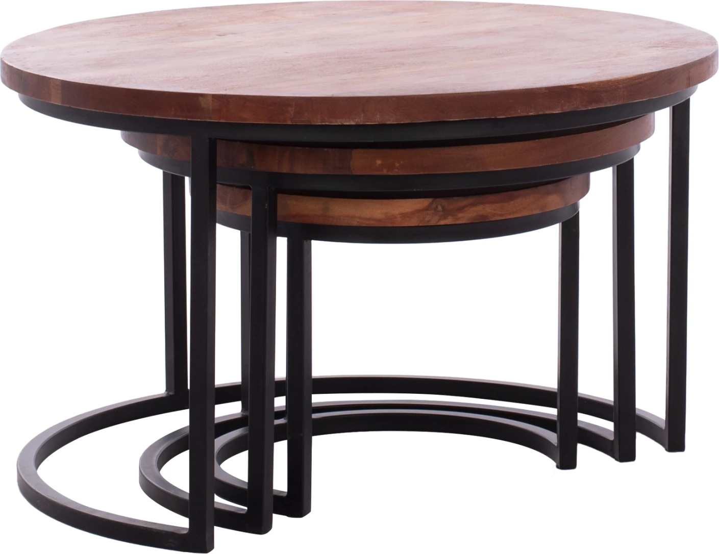 Set 3 tavolina zigon, dru akacie, këmbë metalike të zeza, 78x78x47cm