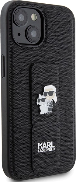 Mbështjellës Karl Lagerfeld Gripstand Saffiano Karl&Choupette Pins për iPhone 15, i zi