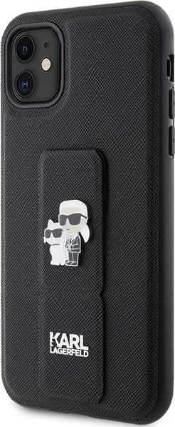 Mbështjellës Karl Lagerfeld Gripstand Saffiano Karl&Choupette Pins për iPhone 11/XR, i zi