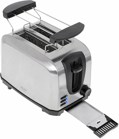 Toster Adler AD3222, 7 nivele pjekjeje, rrjetë për ngrohje simitesh, 1000W max, argjendtë