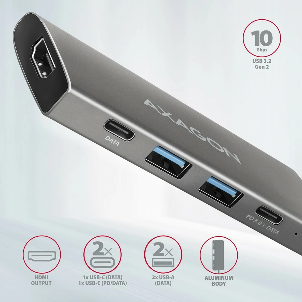 Kasë AXAGON HMC-5G21, Multiport USB Hub 5in1, 10Gbps, 2x USB-A + 2x USB-C + HDMI 4K/30Hz, PD 60W, Gri