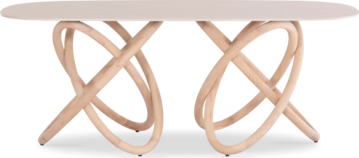Tavolinë ngrënie Orbiter, sipërfaqe qeramike ngjyrë ecru, këmbë fraksini natyrale, 200x100x76.5cm