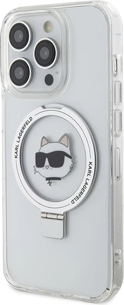 Mbështjellës Karl Lagerfeld Ring Stand Choupette Head MagSafe për iPhone 15 Pro 6.1", Bardhë