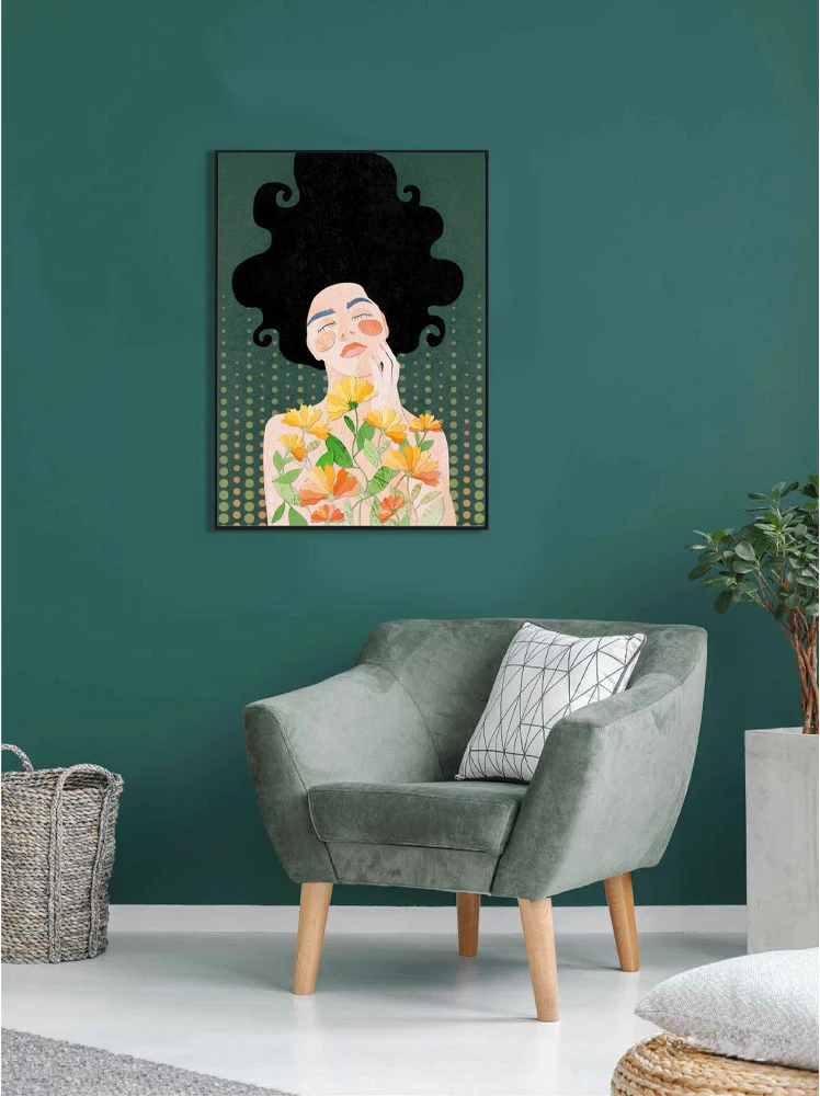 Pikturë dekorative Botanical Lady, shumëngjyrëshe, kornizë e zezë, 50x70x3 cm