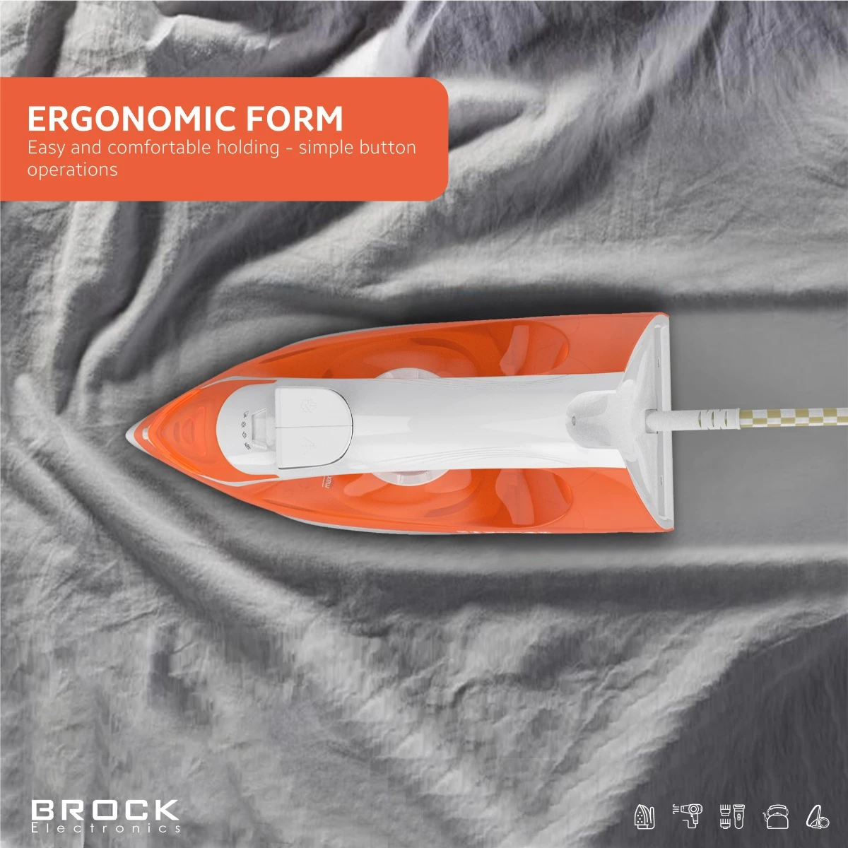 Hekur me avull Brock BSI 2012 OR 2400W, shollë qeramike, rezervuar 280 ml, portokalli/bardhë