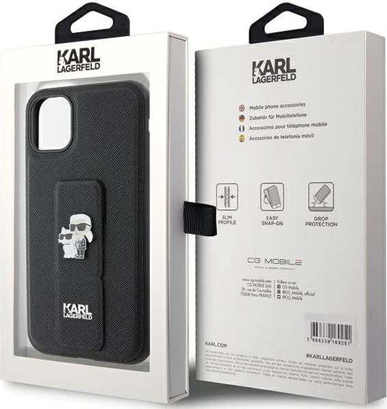 Mbështjellës Karl Lagerfeld Gripstand Saffiano Karl&Choupette Pins për iPhone 11/XR, i zi