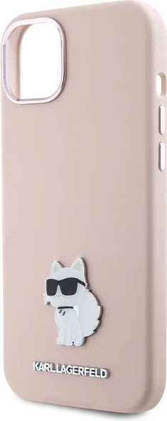 Mbështjellës Karl Lagerfeld Silicone Choupette Metal Pin për iPhone 15 Plus / 14 Plus, Rozë