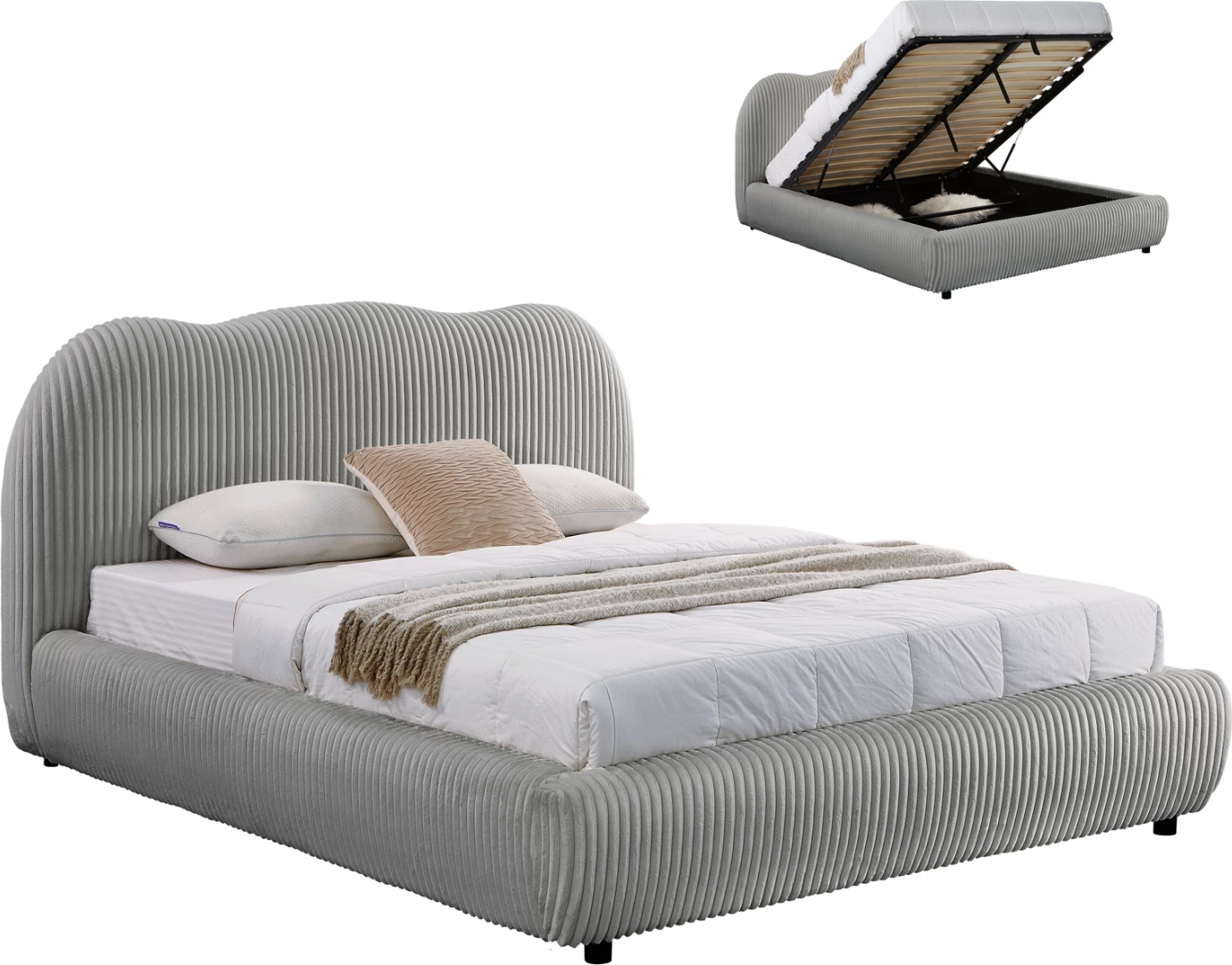 Krevat dopio me hapësirë për depo, material pelushi sintetik, ngjyrë gri, KALLY FH729.01, dyshek 160x200cm