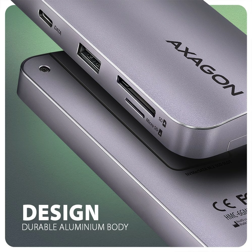 Multiport hub AXAGON HMC-6GM2, 6-në-1, USB-C 10Gbps, HDMI 4K/60Hz, M.2 NVMe/SATA, SD/microSD, PD 100W, Gri