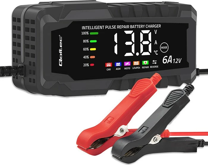 Karikues baterie, Qoltec, 52494, 12V 6A, mikroprocesor me ekran LCD, funksion riparimi, për AGM/GEL/LiFePO4, e zezë