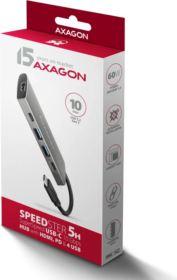Kasë AXAGON HMC-5G21, Multiport USB Hub 5in1, 10Gbps, 2x USB-A + 2x USB-C + HDMI 4K/30Hz, PD 60W, Gri