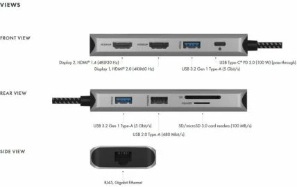 Stacion dokimi USB-C 9-në-1 ICYBOX IB-DK4012-CPD, Power Delivery 100W, 2x HDMI, Gigabit LAN, SD/microSD, antracit/zi