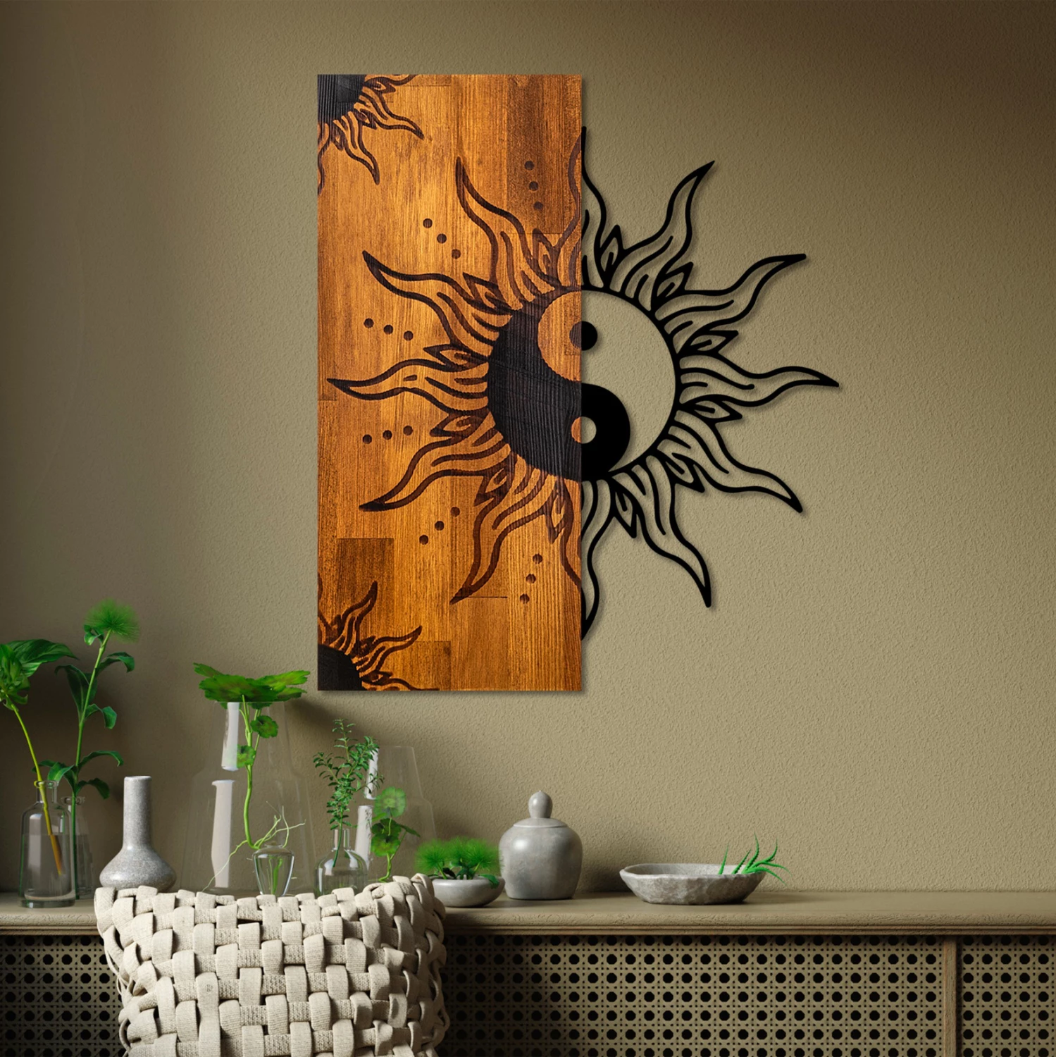 Dekor murale yin-yang, metal i zi, dru natyral, FH4756, 50x3x58cm