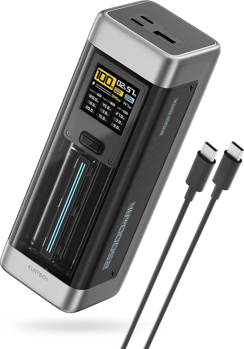 Powerbank Cuktech CUK00P23GLBK, 25000mAh, 210W, 2x USB-C, 1x USB-A, Ekran TFT, e zezë