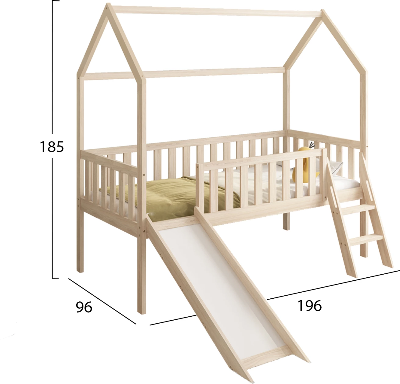 Krevat për fëmijë Montessori me rrëshqitëse, PHYLLIS FH701.01, dru pishe natyral, për dyshek 190x90cm