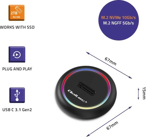Stacion dokimi SSD M.2 Qoltec 52275, NVMe/SATA, USB-C, 2TB, i zi
