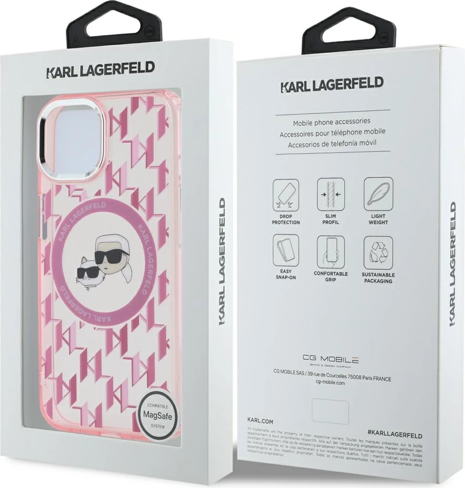Mbështjellës Karl Lagerfeld IML Monogram Karl & Choupette Head MagSafe për iPhone 15 Plus, Rozë