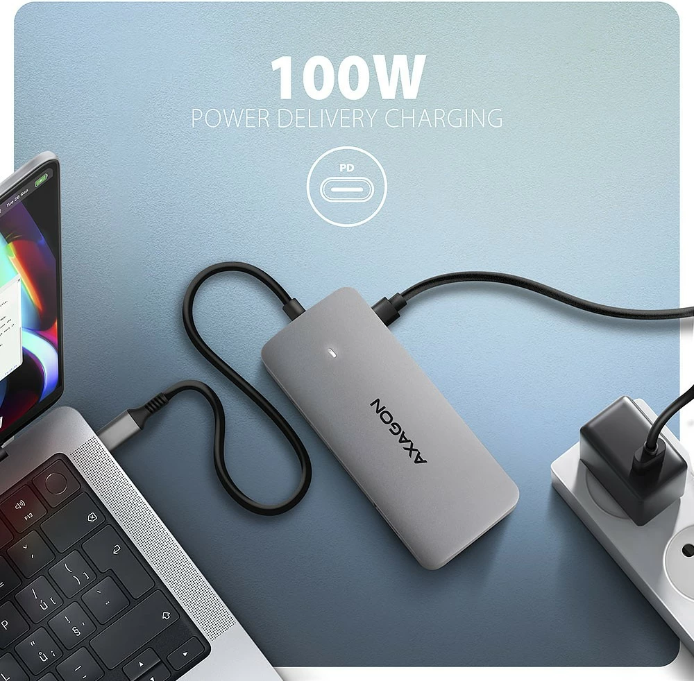 hub USB-C 7-në-1 AXAGON HMC-CUB83X2, 10Gbps, 2x USB-A + 1x USB-C, HDMI 4K/144Hz, DP 8K/30Hz, GLAN, PD 100W, kabllo USB-C 15cm, gri