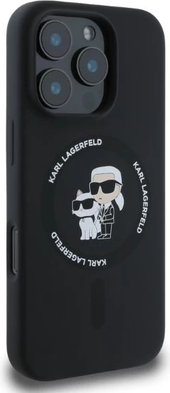 Mbështjellës, Karl Lagerfeld, Silicone Karl & Choupette Heads Ring MagSafe Case, për iPhone 16 Pro Max, me MagSafe, i zi