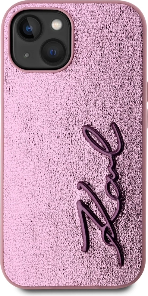Mbështjellës Karl Lagerfeld Wrinkled Metal Signature për iPhone 15, Rozë