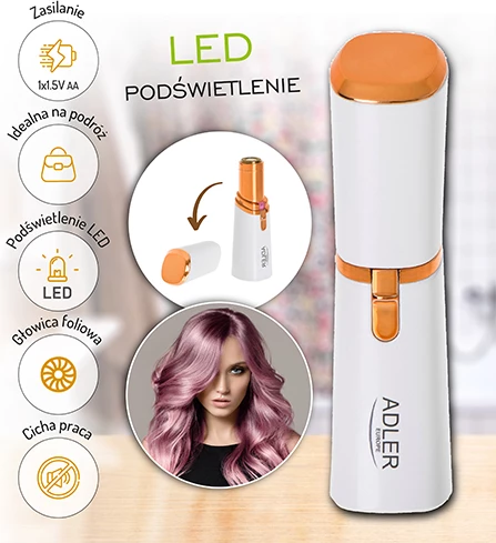 Makinë rroje trimmer për fytyrë, Adler, AD 2939, kokë me sitë, dritë LED, 1xAA, perlë-ari