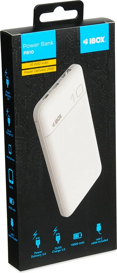 Powerbank iBOX PB10, 10000 mAh, Bardhë