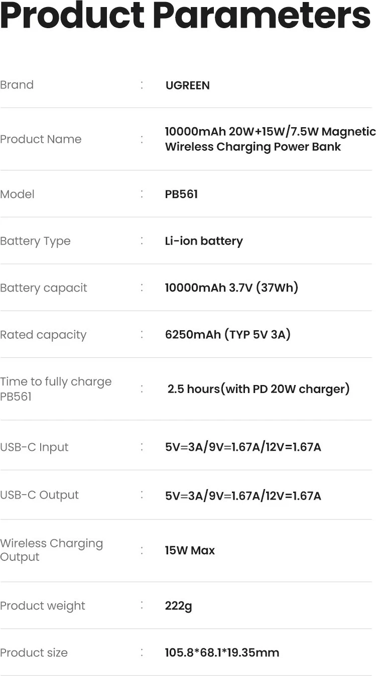 Powerbank Ugreen 25208, 10000 mAh, Power Delivery 3.0, wireless, bezhë