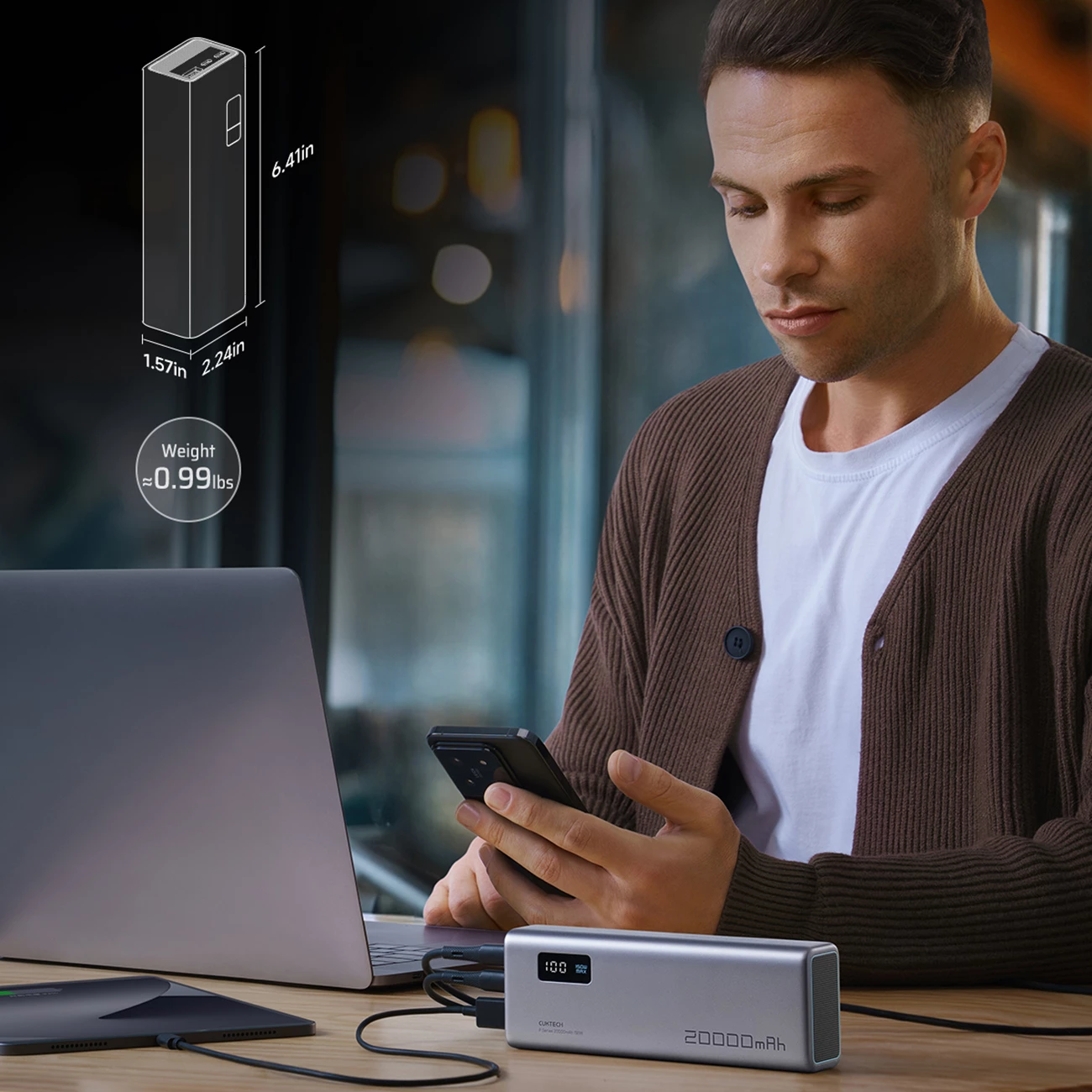 Powerbank Cuktech P+Series No. 15 20000mAh 150W gri pa kabëll