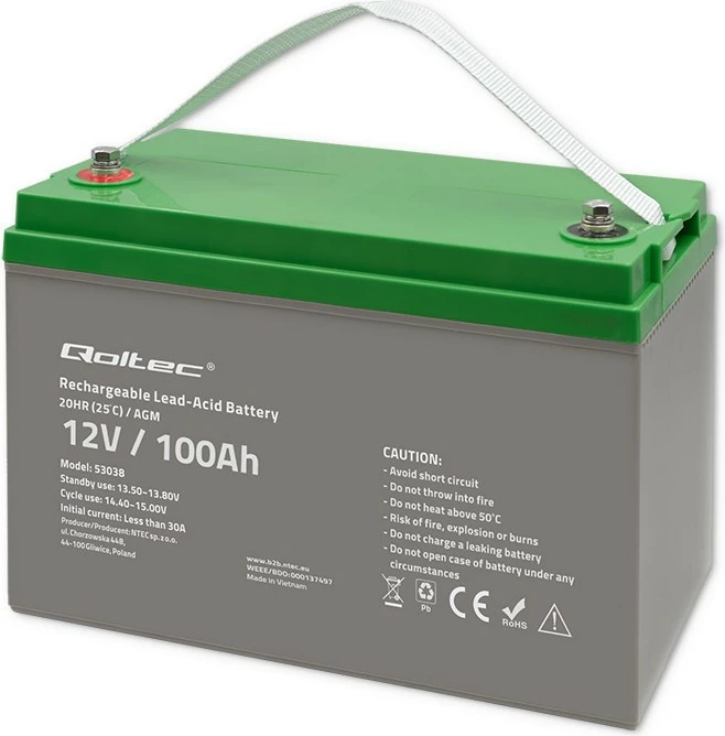 Bateri AGM Qoltec 53038, 12V, 100Ah, Gri/Gjelbër