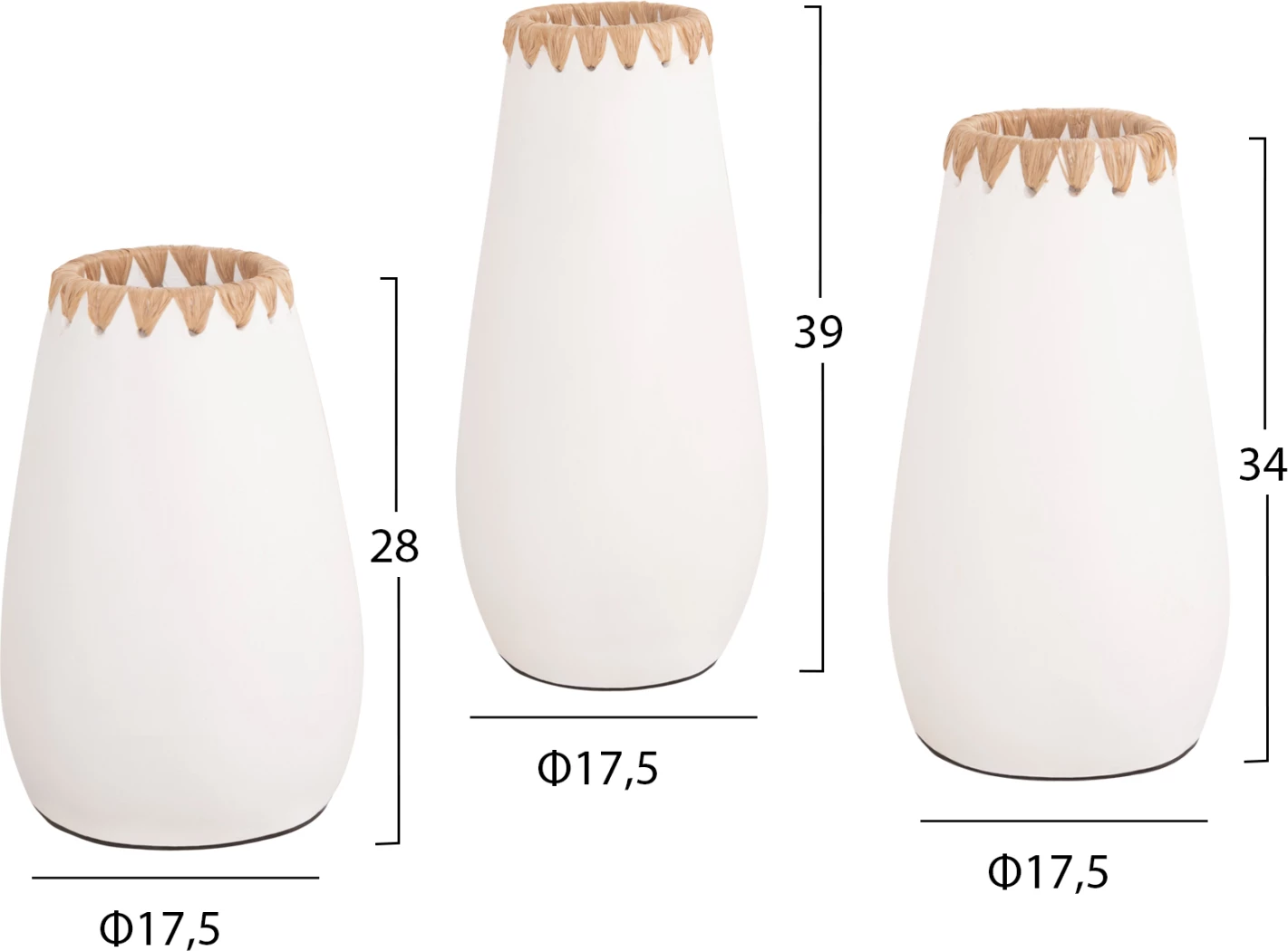 Set 3 copë vazo dekorative, FH4373, terrakota, ngjyrë e bardhë, me thurje kashte në buzë