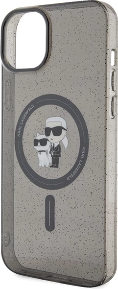 Mbështjellës Karl Lagerfeld Karl&Choupette Glitter MagSafe për iPhone 15 Plus, i zi