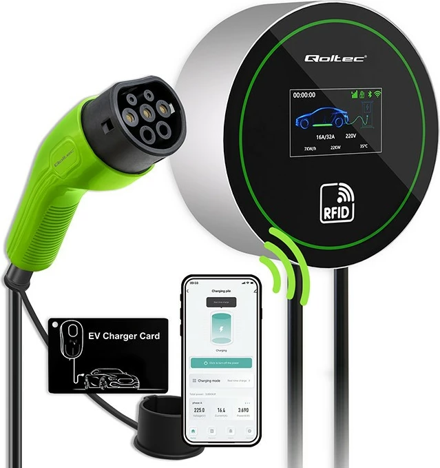Stacion karikimi për makina elektrike Qoltec 52432, Type 2, 22kW, 3-fazor, Wi-Fi, LCD, RFID, 5m, zi/gjelbër