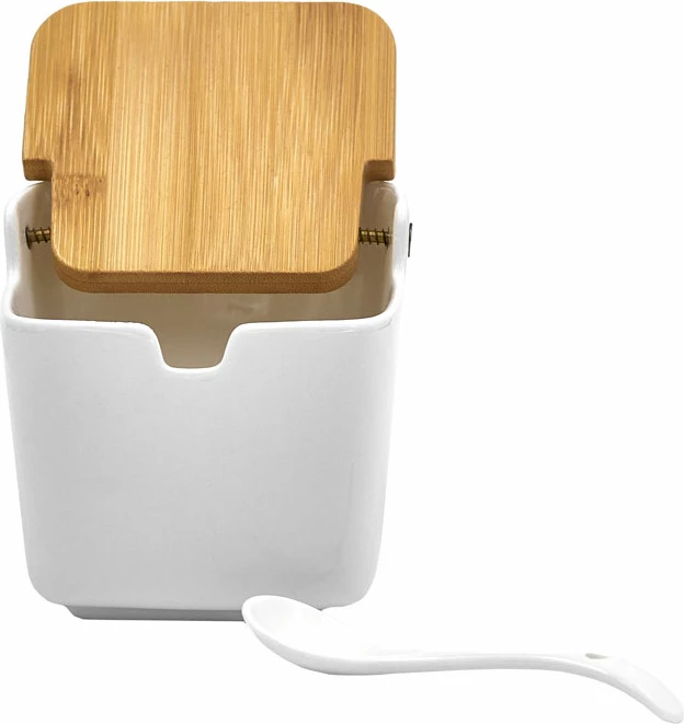 Kavanoz ruajtës me kapak, porcelan i bardhë, bambu natyral, 10x10x9cm