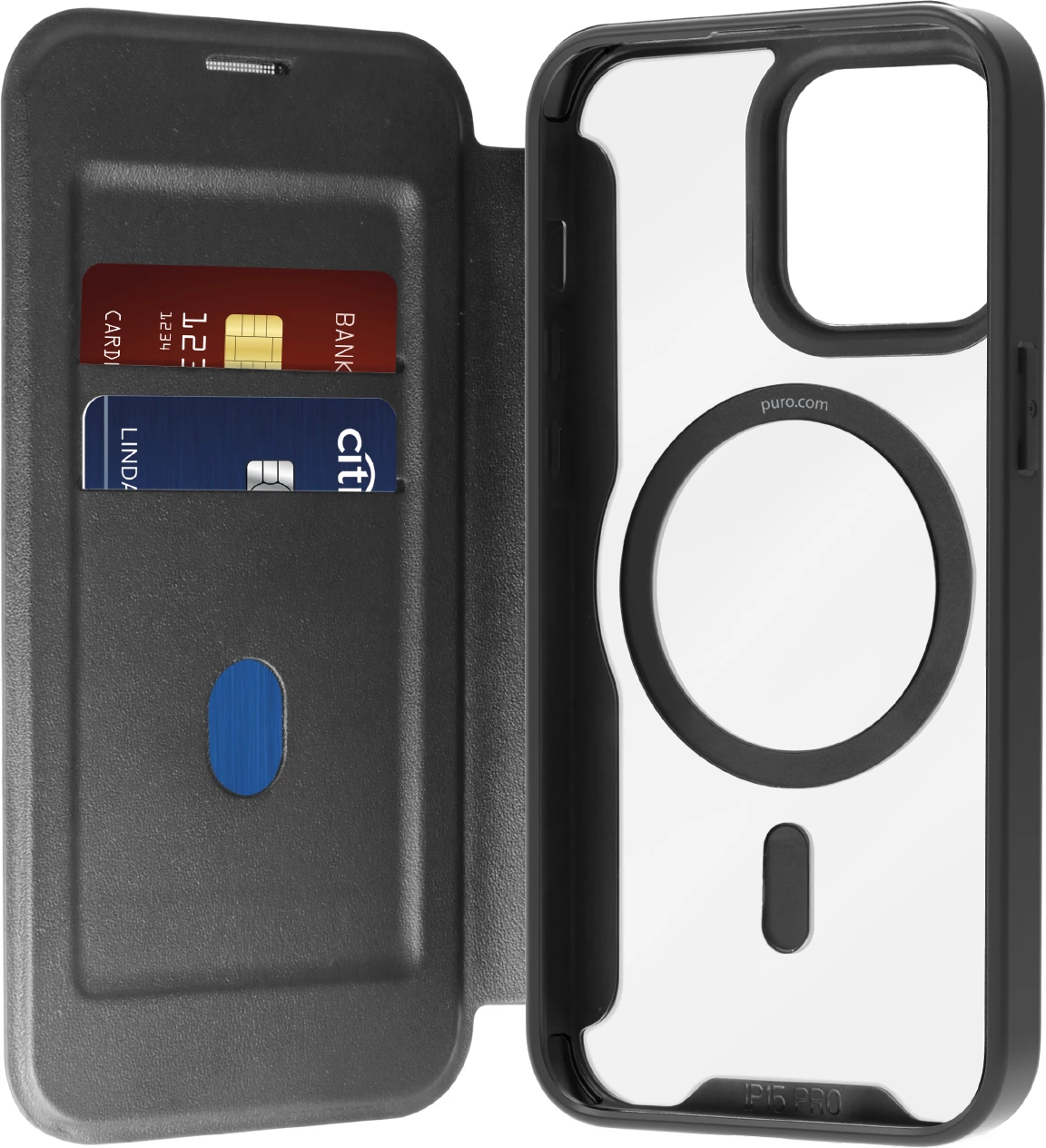 Mbështjellës Puro Book Mag për iPhone 16 Pro, lëkurë, me MagSafe, me kapak dhe vend për kartela, zi