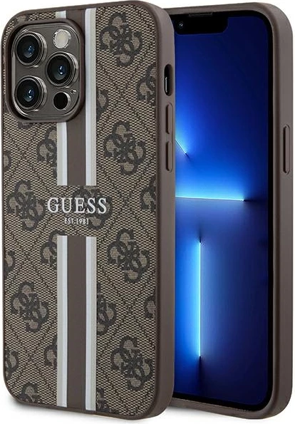 Mbështjellës Guess 4G Printed Stripes MagSafe për iPhone 15 Pro Max, Kafe