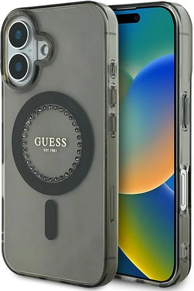 Mbështjellës Guess MagSafe për iPhone 16 Plus, i zi, me rhinestones