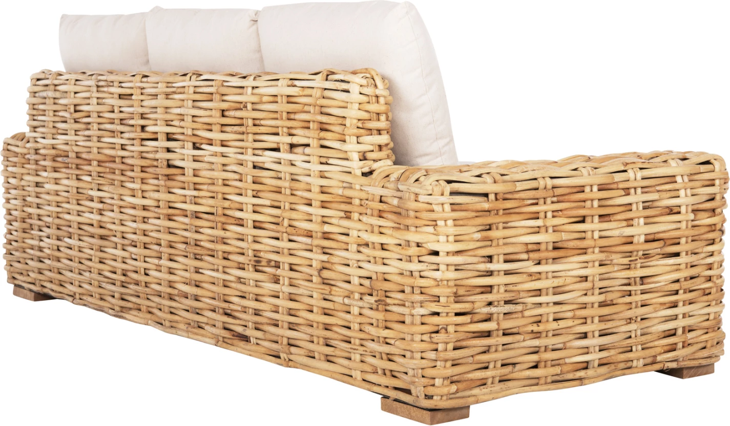 Divan për jashtë, 3 ulëse, dru mango-ratan, ngjyrë natyrale, jastëkë të bardhë, 216x88x70-85H cm