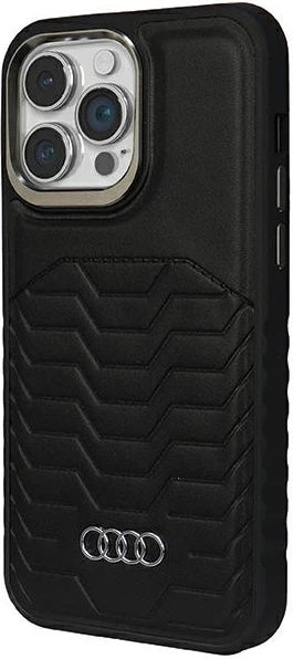 Mbështjellës Audi për iPhone 15 Pro Max, lëkurë sintetike, MagSafe, i zi