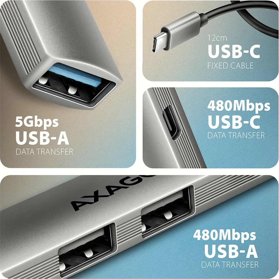 USB-C hub AXAGON HUE-STC 4 porta 1x USB-A 5Gbps 2x USB-A 2.0 + 1x USB-C 2.0 kabllo 12 cm gri