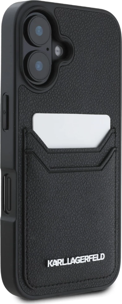 Mbështjellës Karl Lagerfeld HC Grained PU Cardslot Metal Elong për iPhone 16, e zezë